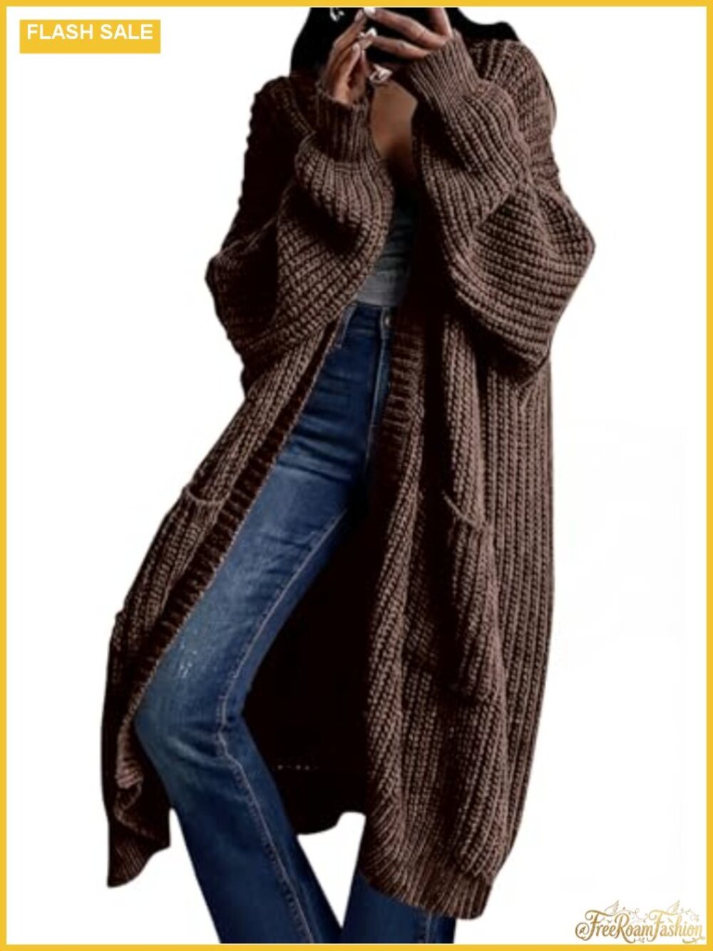 Women's Oversized Open Front Long Knit Cardigan Sweater Coat with Pockets